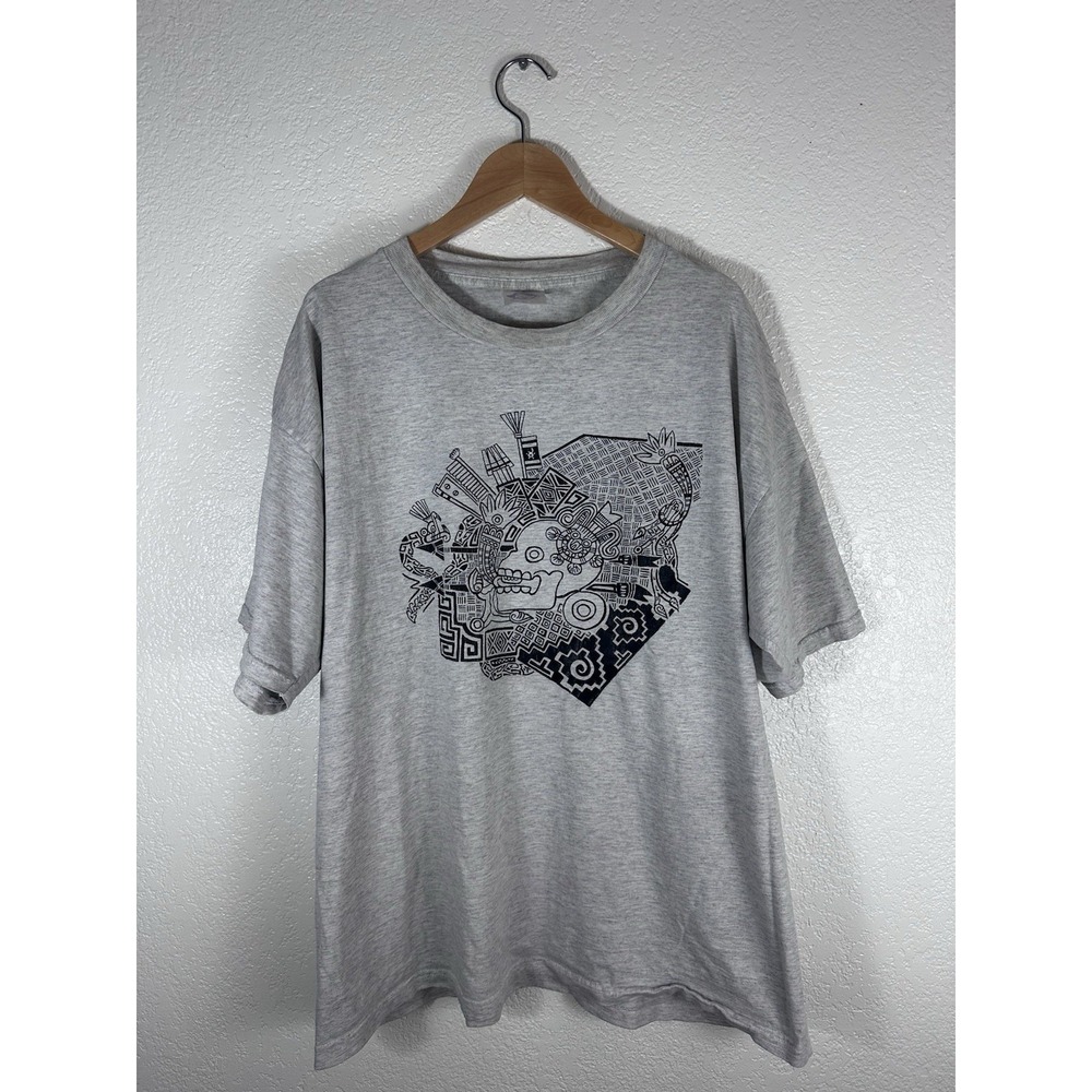 Mexico Aztec Inspired Graphic T Shirt XL Gray Mesoamerican Art Double Sided